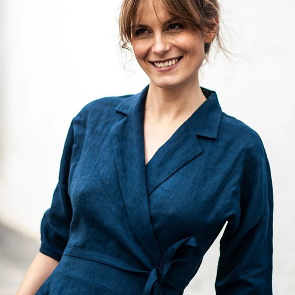 Black Linen Midi A-Line Wrap Dress by LinenHandmadeStudio - Picture 3 of 4